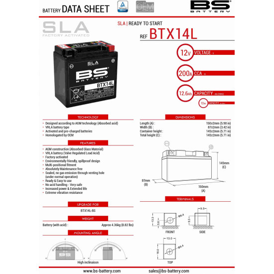 BS battery BTX14L (FA) (YTX14L-BS) 12V 12AH 150X87X145 filled (200A)