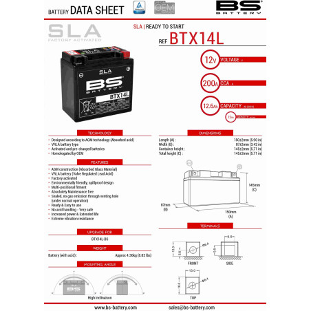 BS akumuliatorius BTX14L (FA) (YTX14L-BS) 12V 12AH 150X87X145 užpildytas (200A) 