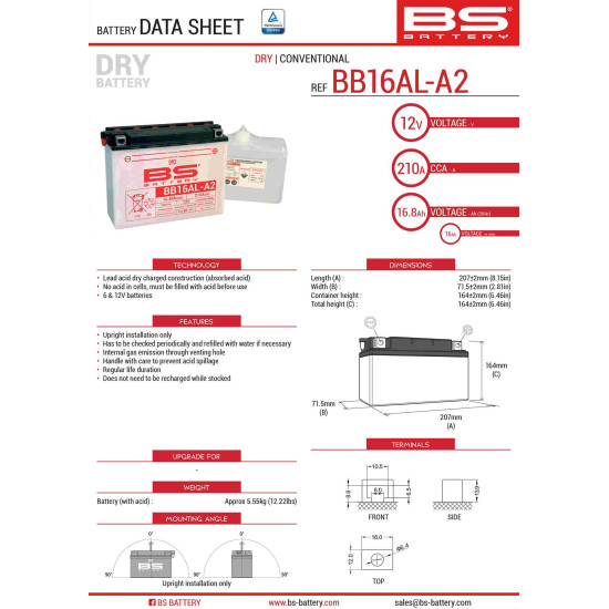 BS battery BB16AL-A2 (YB16ALA2) 12V 16AH 205X71X164 Electrolyte filling separately (175A) (3) UE2019/1148