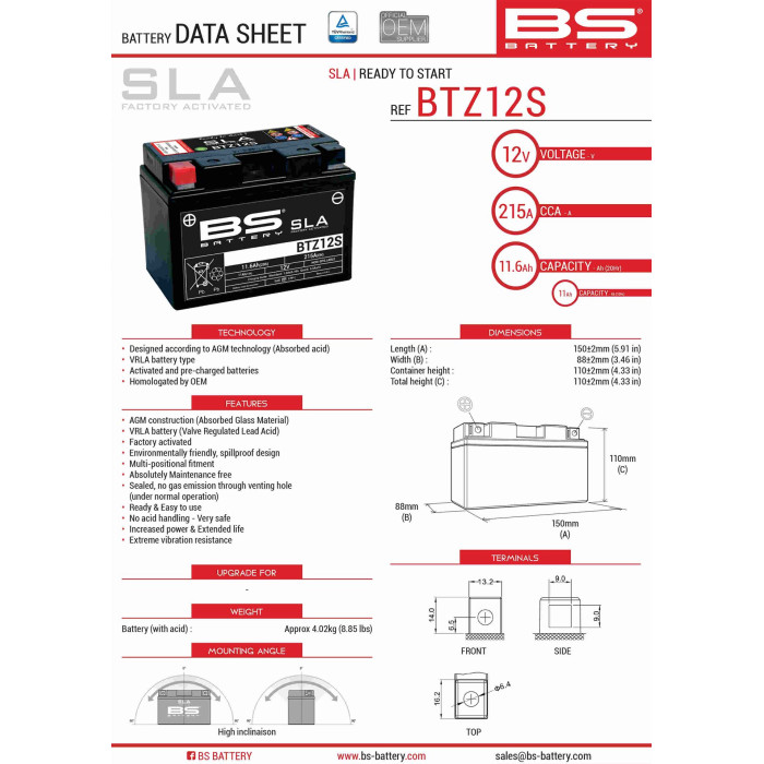BS battery BTZ12S (FA) (YTZ12S) 12V 11AH 150X86X110 filled (210A)