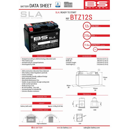 BS akumuliatorius BTZ12S (FA) (YTZ12S) 12V 11AH 150X86X110 užpildytas (210A) 