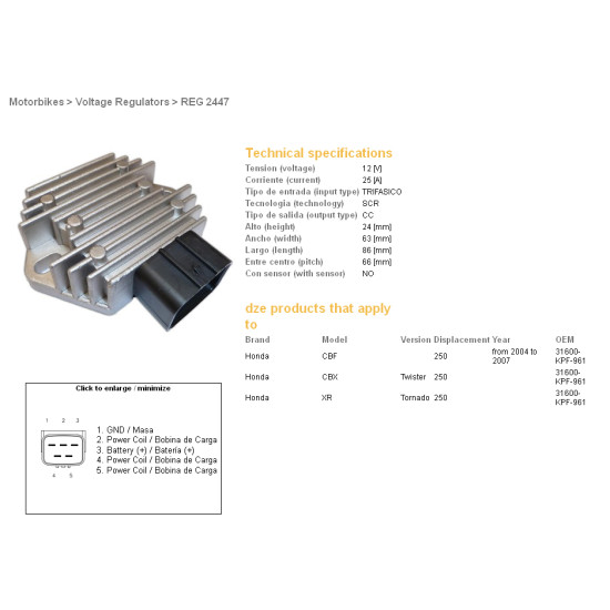 DZE voltage regulator (rectifier) ​​HONDA CBF250 04-07 (31600-KPF-961)