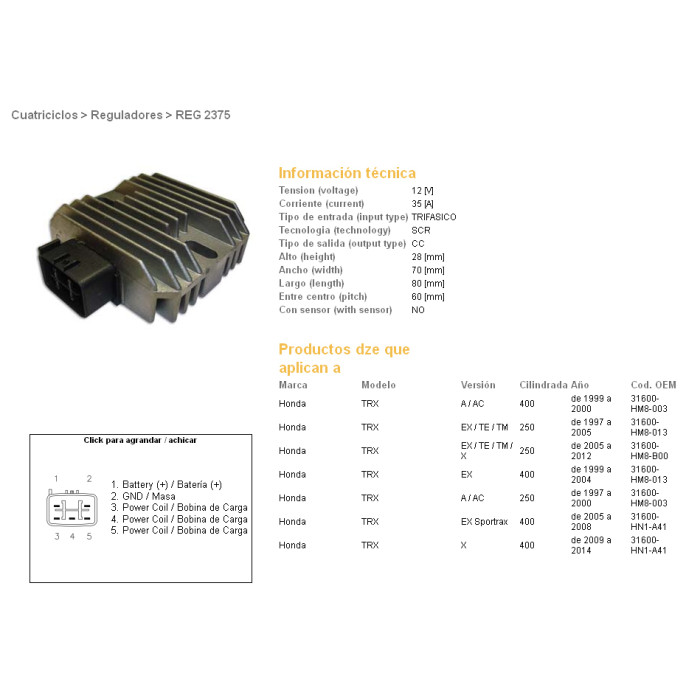DZE voltage regulator (rectifier) ​​HONDA TRX400 EX SPORTRAX 99-09, TRX250 RECON 97-11, SPORTRAX 01-08 (ESR585)
