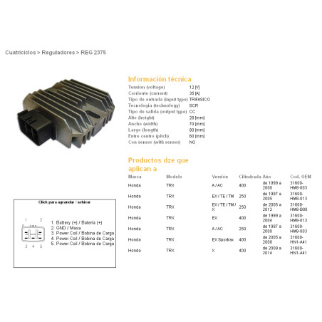 DZE voltage regulator (rectifier) ​​HONDA TRX400 EX SPORTRAX 99-09, TRX250 RECON 97-11, SPORTRAX 01-08 (ESR585)