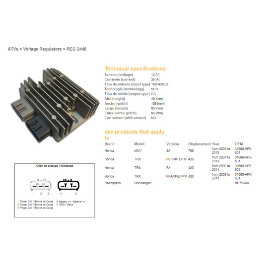 DZE voltage regulator (rectifier) ​​HONDA TRX420 '07-'14 (35A) (31600-HP5-601) (SH753AA) (ESR318)