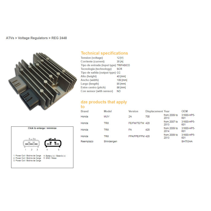 DZE voltage regulator (rectifier) ​​HONDA TRX420 '07-'14 (35A) (31600-HP5-601) (SH753AA) (ESR318)
