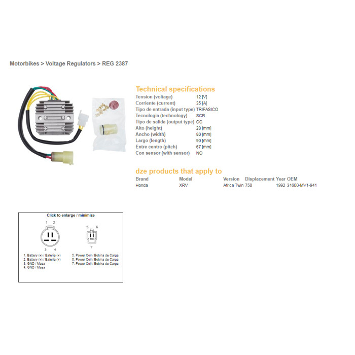DZE voltage regulator (rectifier) ​​HONDA XRV750 AFRICA TWIN 92 (31600-MV1-941) (35A)