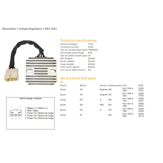 DZE voltage regulator (current rectifier) ​​SUZUKI AN/250/400 '99-'02, DR 650 RSE '91-'96, DR 750/800S '88-'95, SV 650 '99-'02