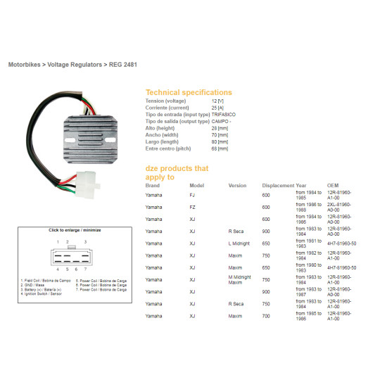 DZE voltage regulator (current rectifier) ​​YAMAHA XJ 550/600/650/750/900 '80-'89 (12R-81960-A1-00, 4H7-81960-50, 3G1-81960-A0