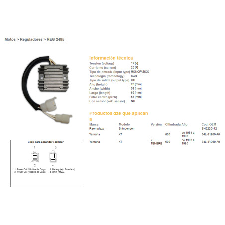 DZE įtampos reguliatorius (srovės lygintuvas) YAMAHA XT600Z TENERE 83-86 (34L-81960-A0) (SH522G-12)
