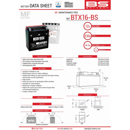BS battery BTX16-BS (YTX16-BS) 12V 14AH 152X88X161 Electrolyte filling separately (230A) UE2019/1148