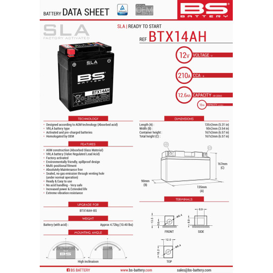 BS battery BTX14AH (FA) (YTX14AH-BS) 12V 12AH 135X90X167 filled (210A)