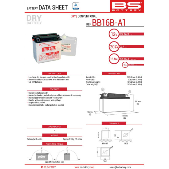 BS battery BB16B-A1 (YB16B-A1) 12V 16AH 160X90X161 Electrolyte filling separately (215A) UE2019/1148