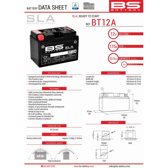 BS battery BT12A (FA) (YT12A-BS, YT12A) 152X88X106 12V 10AH filled (175A)