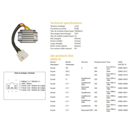 DZE voltage regulator (rectifier) ​​SUZUKI LT160 89-04, LTF250 88-02, LTF300 KING QUAD 99-02 (SH572E-12) (ESR136)