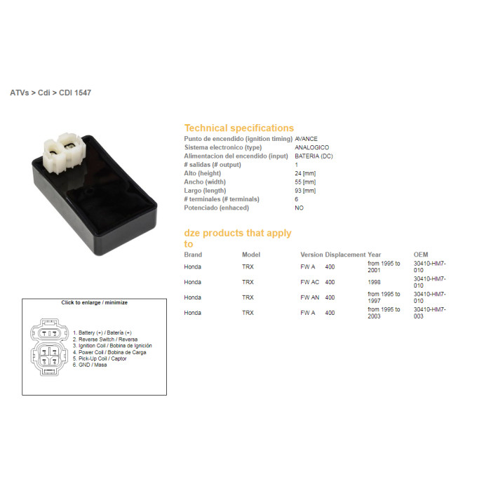 DZE CDI (ignition module) CDI HONDA TRX400 FW 95-03 (30410-HM7-010) (30410-HM7-003)
