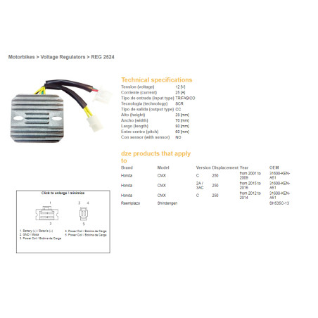 DZE voltage regulator (rectifier) ​​HONDA CMX250C '01-'14 (31600-KEN-A51) (SH535C-13) (ESR181)