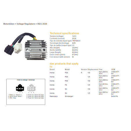 DZE voltage regulator (rectifier) ​​HONDA SH 125/150 '05-12 (12V, 35A) (31600-KTF-641) (SH541PA) (ESR910)