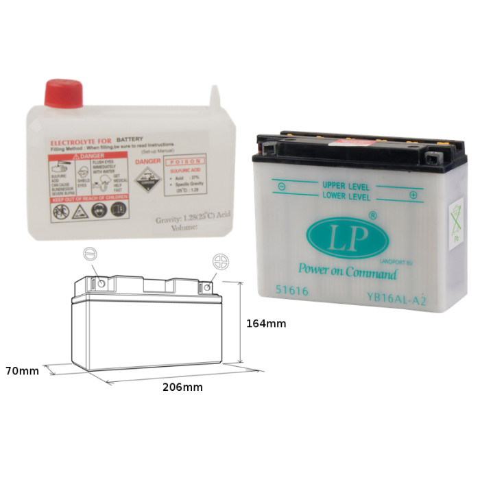 LANDPORT battery YB16AL-A2 12V 16AH 205X71X164 Electrolyte filler separately (2) UE2019/1148