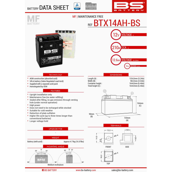 BS battery BTX14AH-BS (YTX14AH-BS) 12V 12AH 134X89X166 Electrolyte filling separately (210A) UE2019/1148