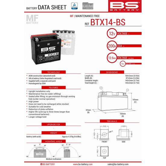 BS battery BTX14-BS (YTX14-BS) 12V 12AH 150X87X145 Electrolyte filling separately (200A) UE2019/1148