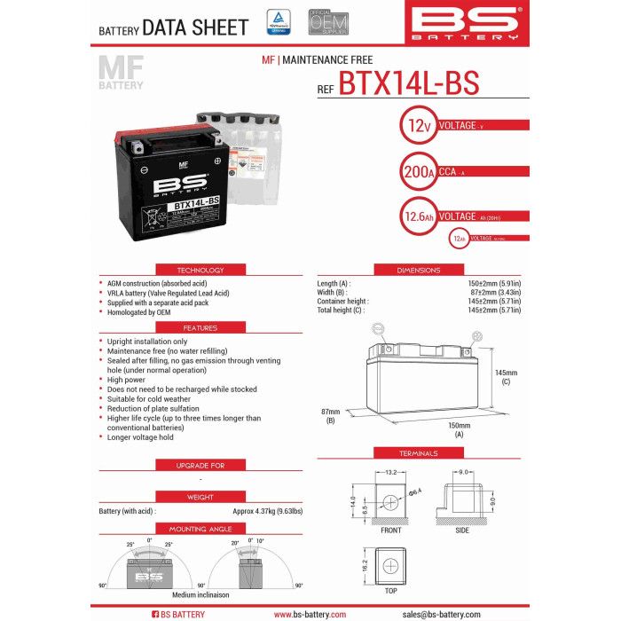 BS battery BTX14L-BS (YTX14L-BS) 150X87X145 Electrolyte filler separately UE2019/1148