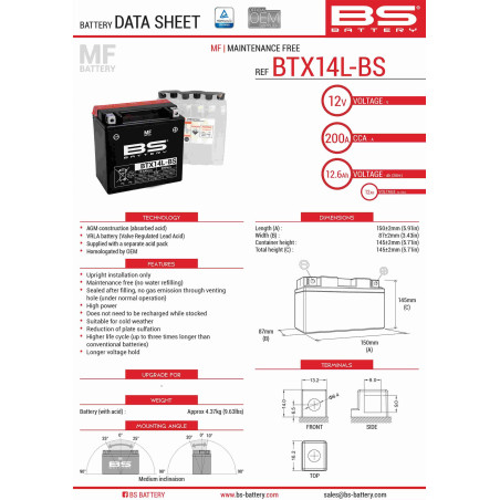 BS akumuliatorius BTX14L-BS (YTX14L-BS) 150X87X145 Elektrolitų užpildas atskirai  UE2019/1148