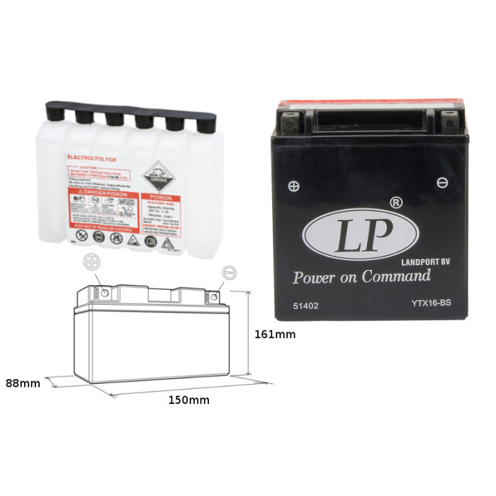 LANDPORT battery YTX16-BS 12V 14AH 152X88X161 Electrolyte filler separately UE2019/1148