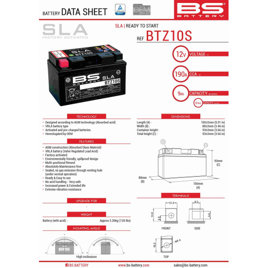 BS battery BTZ10S (FA) (YTZ10S)12V 8.6AH 150X86X95 filled (190A)