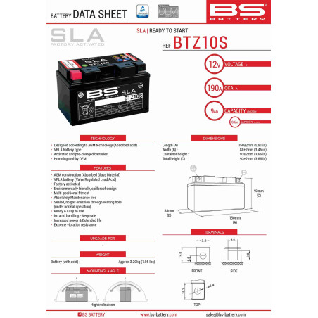 BS battery BTZ10S (FA) (YTZ10S)12V 8.6AH 150X86X95 filled (190A)
