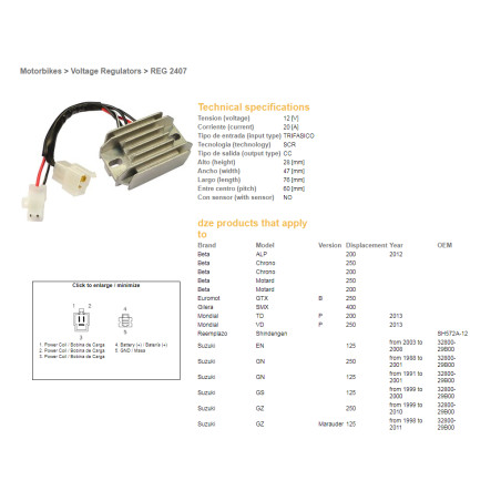 DZE voltage regulator (rectifier) ​​SUZUKI GN125 91-97, GZ250 99-10, ARCTIC CAT 250/300 98-02 (ESR142) (32800-29B00)