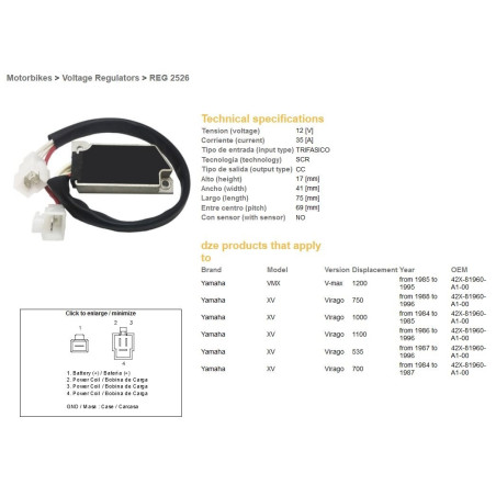 DZE voltage regulator (current rectifier) ​​YAMAHA XV 535/700/750/1000/1100 '85-'96, V-MAX 1200 '85-'95 KABLAMI (ESR279) (42X-