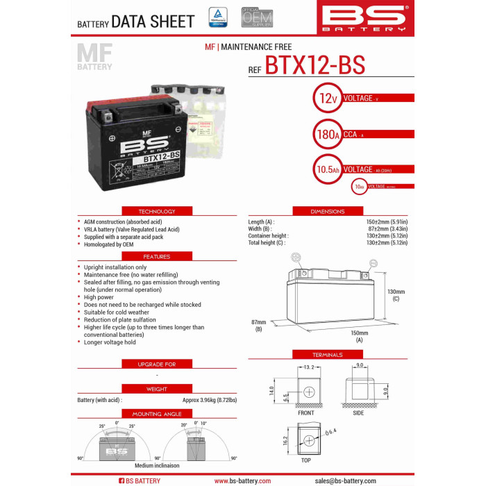BS battery BTX12-BS (YTX12-BS) 12V 10AH 152X88X131 Electrolyte filling separately (180A) UE2019/1148