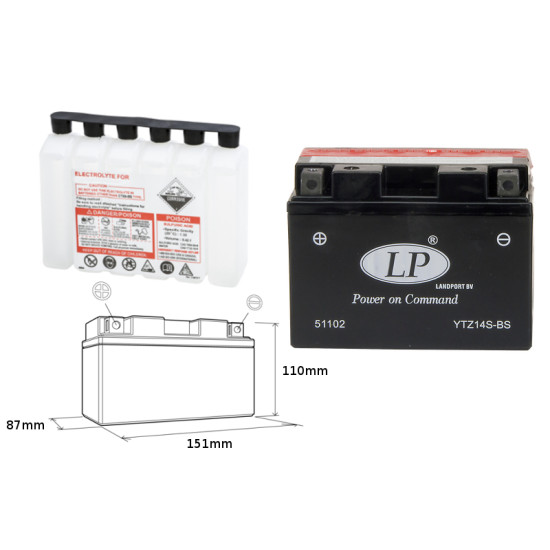 LANDPORT battery YTZ14S-BS 12V 12AH 150X87X110 (GTZ14S) Electrolyte filler separately UE2019/1148