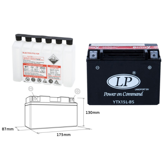 LANDPORT battery YTX15L-BS 12V 12AH 175X87X130 Electrolyte filler separately (2) UE2019/1148