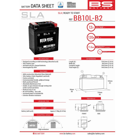 BS akumuliatorius BB10L-B2 (FA) (YB10L-B2,YB10L-A2) 12V 11AH 136X91X146 užpildytas (160A)  - pakeista 300834