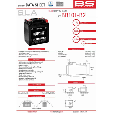 BS battery BB10L-B2 (FA) (YB10L-B2,YB10L-A2) 12V 11AH 136X91X146 filled (160A) - replaced 300834