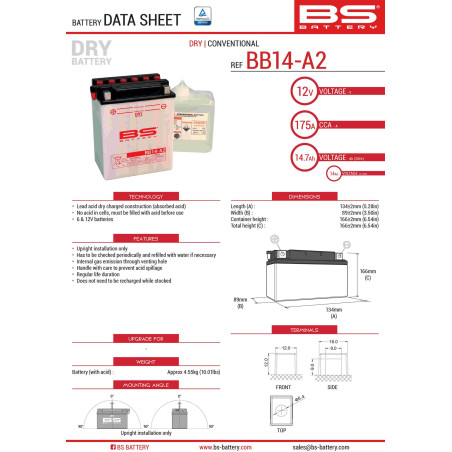 BS battery BB14-A2 (YB14-A2) 12V 14AH 134X89X166 Electrolyte filling separately (175A) UE2019/1148