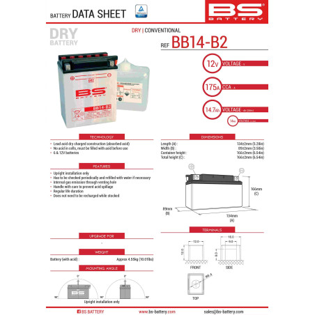 BS battery BB14-B2 (YB14-B2) 12V 14AH 134X89X166 Electrolyte filling separately (175A) UE2019/1148