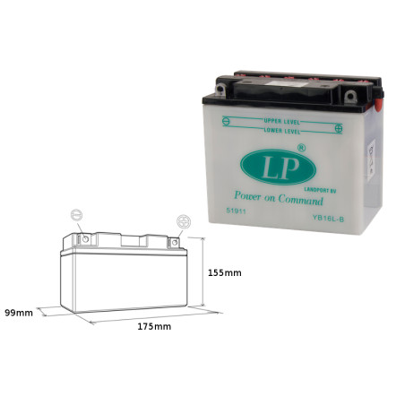 LANDPORT battery YB16L-B 12V 19AH 175X101X155 (KAWASAKI GPZ 1100 81-85) without electrolyte filler