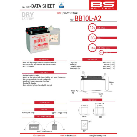 BS akumuliatorius BB10L-A2 (YB10L-A2) 12V 11AH 136X91X146 Elektrolitų užpildas atskirai (160A)  UE2019/1148