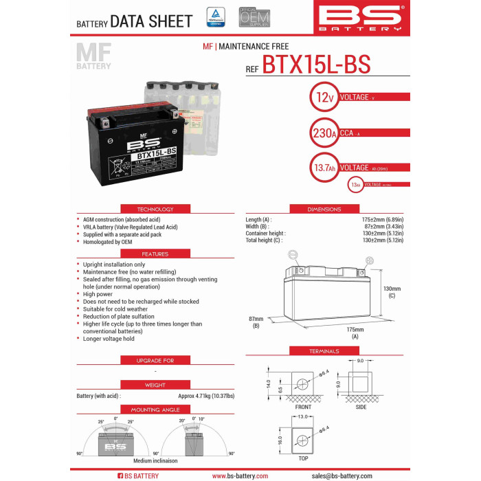 BS battery BTX15L-BS (YTX15L-BS) 175X87X130 Electrolyte filling separately (230A) (2) UE2019/1148
