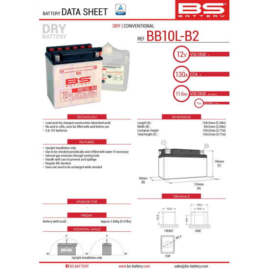BS battery BB10L-B2 (YB10L-B2) 12V 11AH 134X89X145 Electrolyte filling separately (130A) UE2019/1148 (310558)