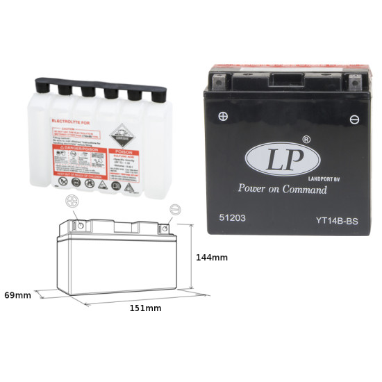 LANDPORT battery YT14B-BS 12V 12AH 150X69X145 Electrolyte filler separately UE2019/1148(190A)