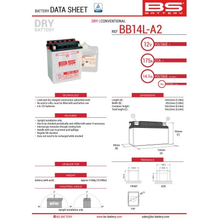 BS akumuliatorius BB14L-A2 (YB14L-A2) 12V 14AH 135X91X167 Elektrolitų užpildas atskirai (175A)  UE2019/1148