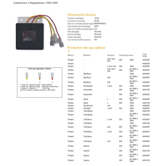DZE voltage regulator (current rectifier) ​​POLARIS 250/300/350/400 (OEM-4060087,4060193) (ESR952)