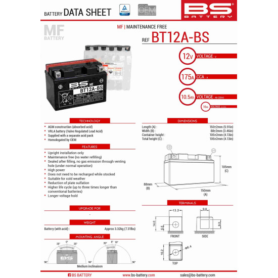 BS battery BT12A-BS (YT12A-BS) 152X88X106 12V 10AH Electrolyte filling separately (175A) UE2019/1148