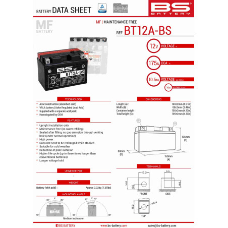 BS akumuliatorius BT12A-BS (YT12A-BS) 152X88X106 12V 10AH Elektrolitų užpildas atskirai (175A)  UE2019/1148