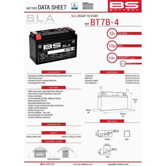 BS battery BT7B-4 (FA) (YT7B4) 12V 6.5AH 148X64X90 filled (85A) (8)