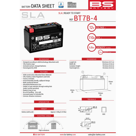 BS akumuliatorius BT7B-4 (FA) (YT7B4) 12V 6,5AH 148X64X90 užpildytas (85A) (8)